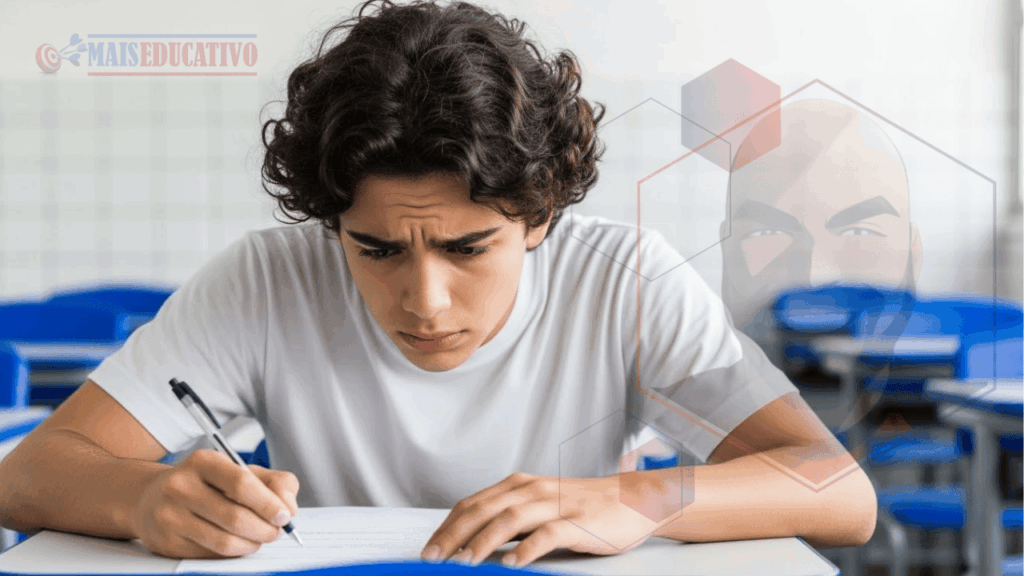 Estudante ansioso durante prova do Colégio Militar 2026 mostrando sinais de nervosismo