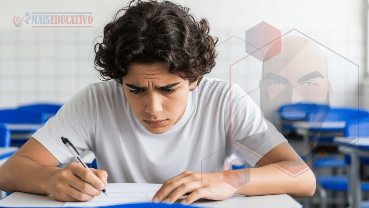 Estudante ansioso durante prova do Colégio Militar 2026 mostrando sinais de nervosismo
