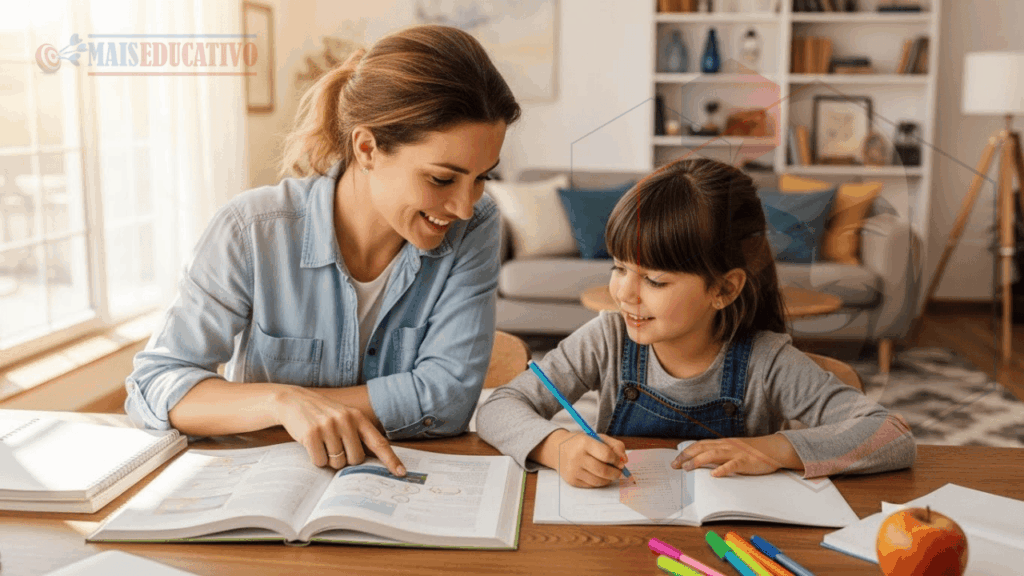 Mãe ensinando filha a interpretar textos para preparação do Colégio Militar