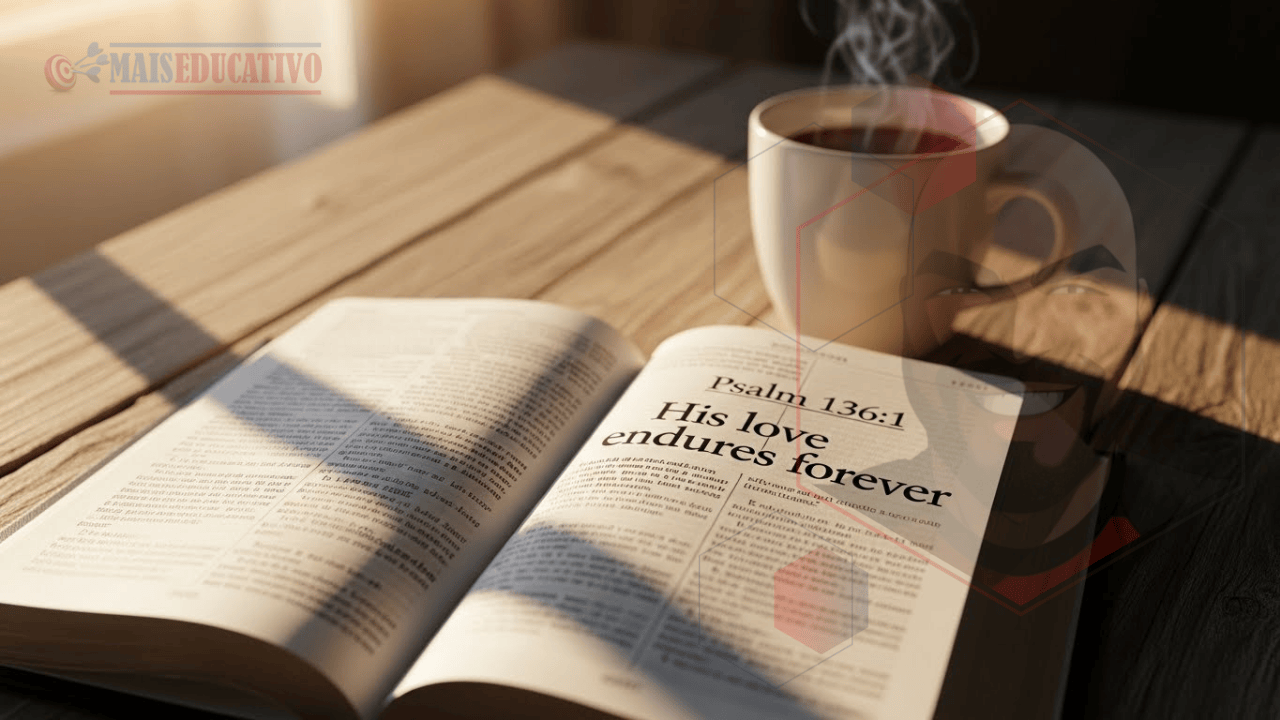 Bíblia aberta em Salmo 136:1 sobre a benignidade de Deus que dura para sempre, trazendo consolo.