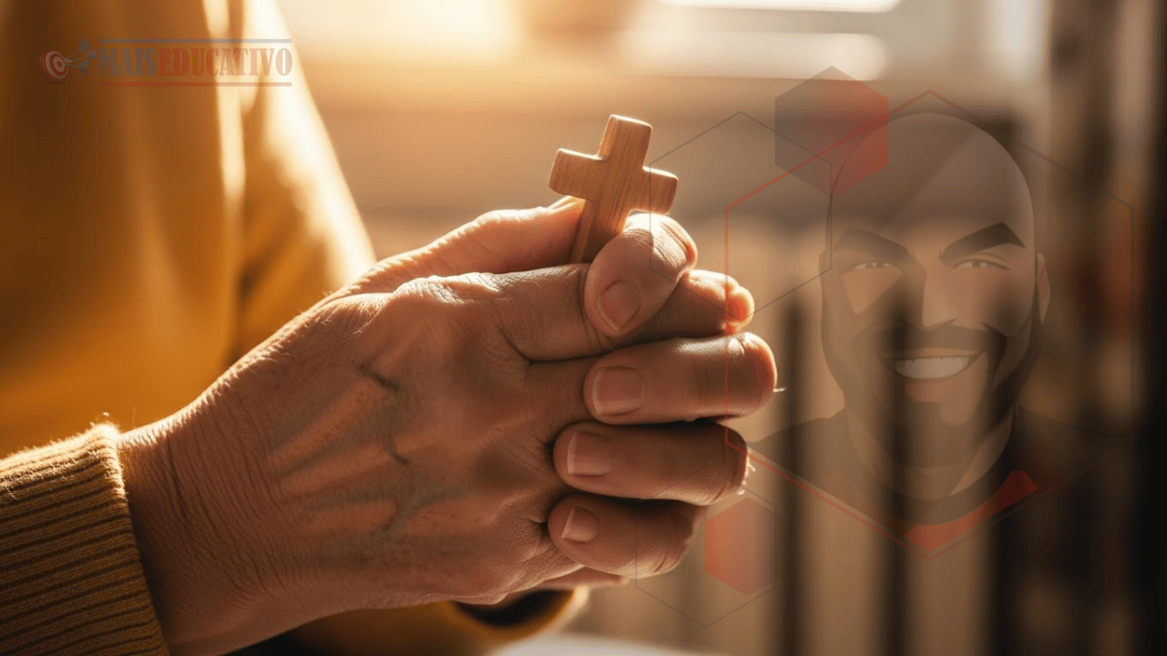 Mãos idosas segurando cruz com gratidão pela benignidade de Deus que dura para sempre.