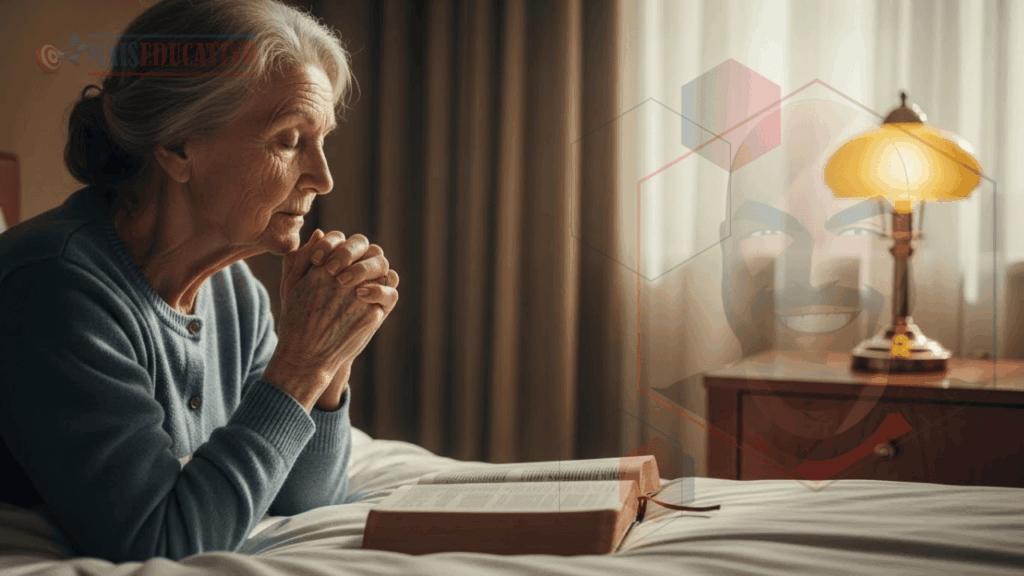 Mulher idosa ajoelhada em oração persistente, buscando a Deus com fé conforme ensinado em Mateus 7:7-8.