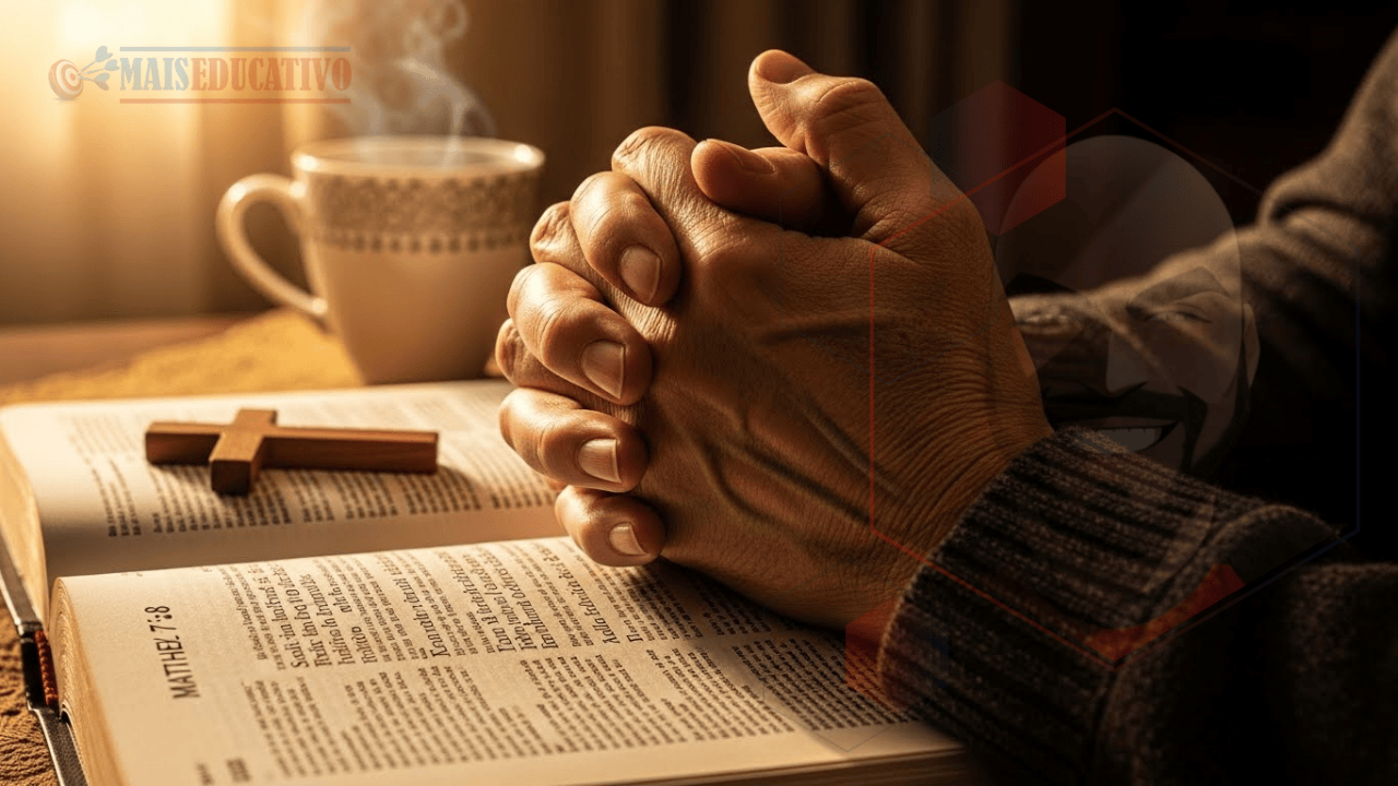 Mãos em oração sobre Bíblia aberta em Mateus 7:7-8, ensinando a pedir, buscar e bater à porta de Deus com fé.