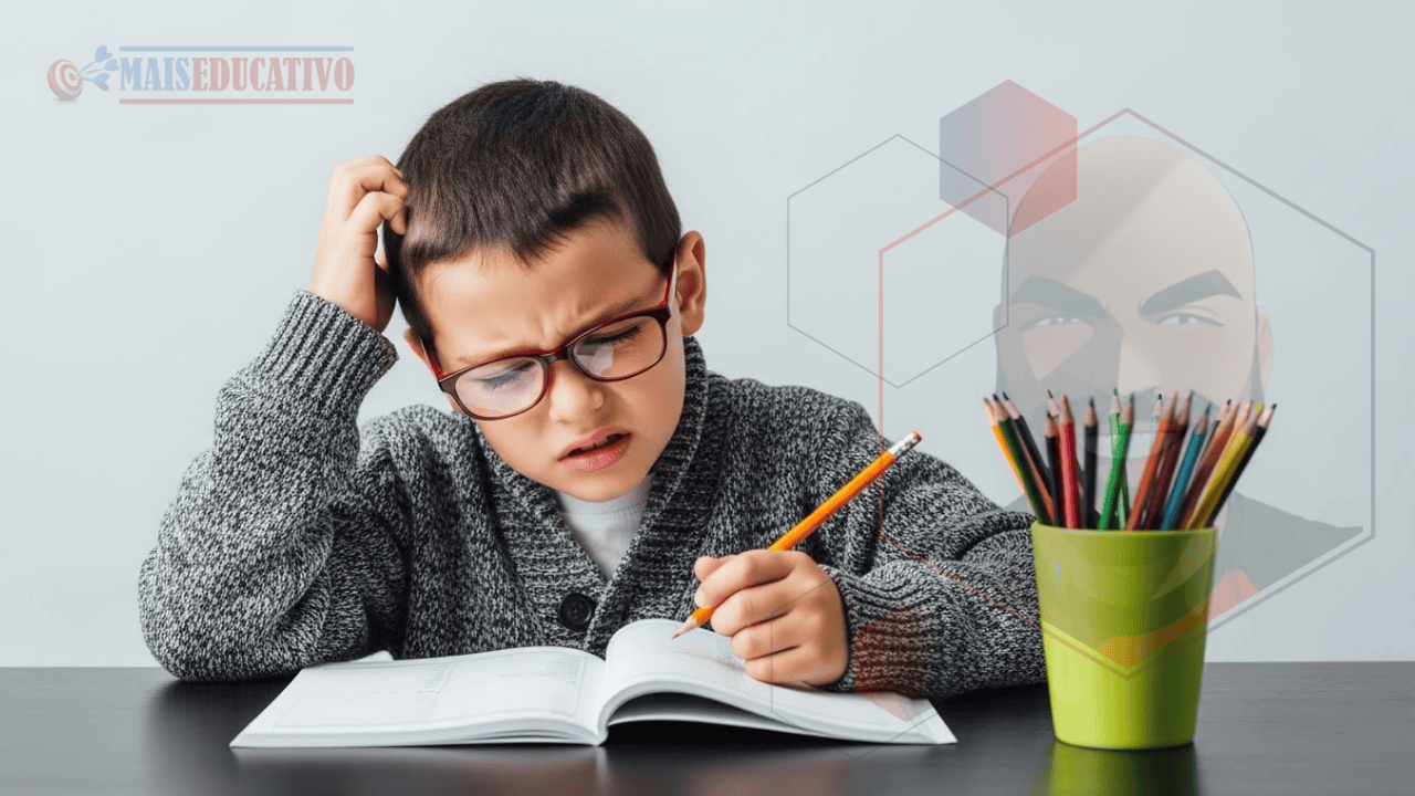Criança frustrada estudando matemática para o Colégio Militar 2026