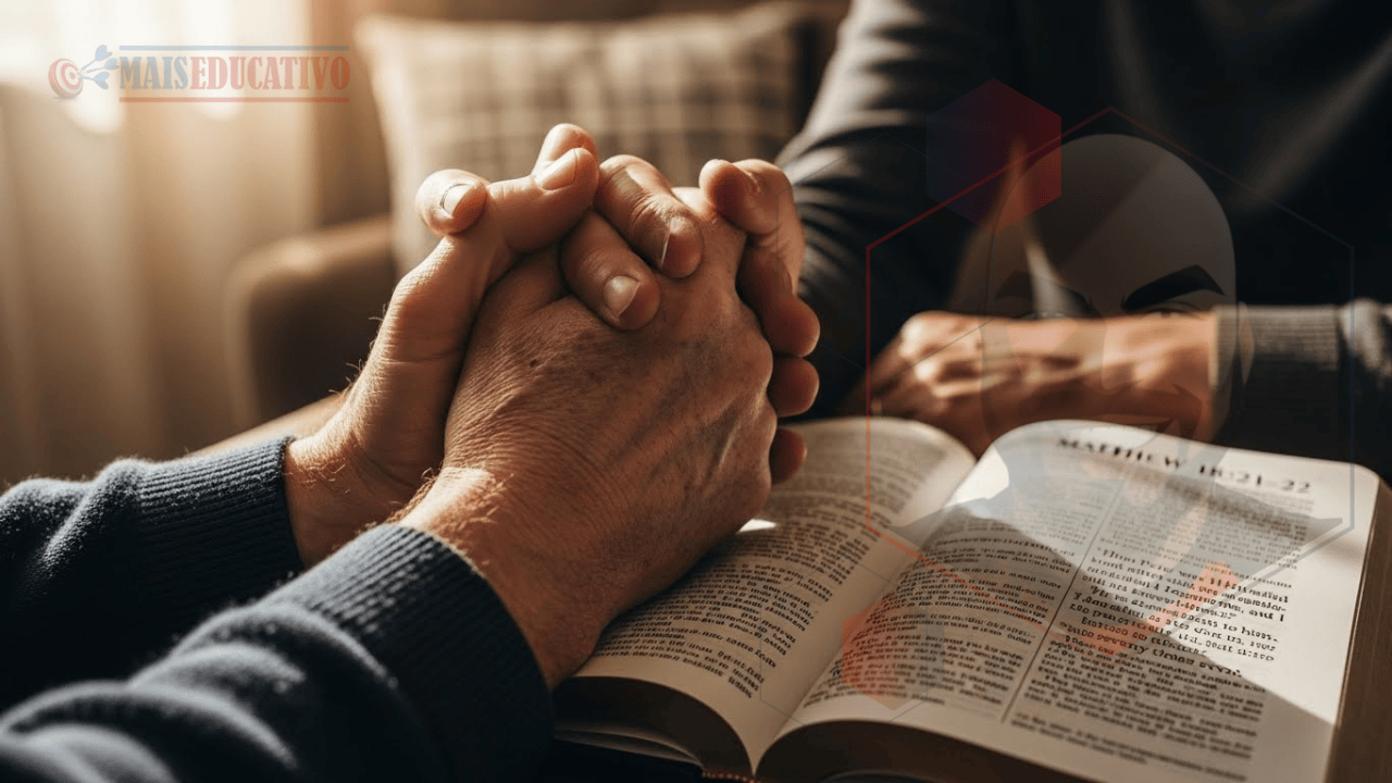 Mãos reconciliadas sobre Bíblia aberta em Mateus 18:21-22, simbolizando perdoar setenta vezes sete e encontrar paz.