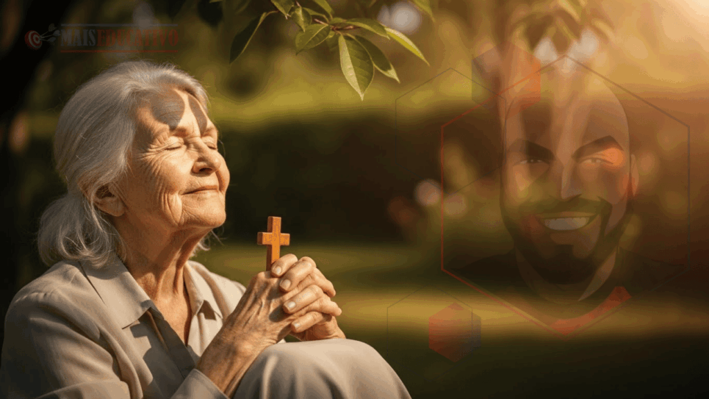 Mulher idosa em paz após perdoar, experimentando liberdade emocional conforme Mateus 18:21-22.