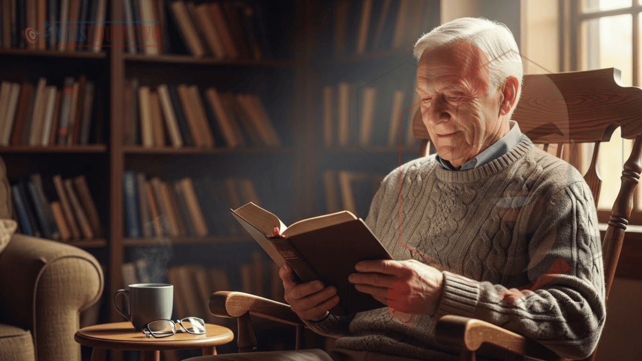 Homem idoso meditando na Palavra guiado pelo Espírito da verdade para santificação progressiva.
