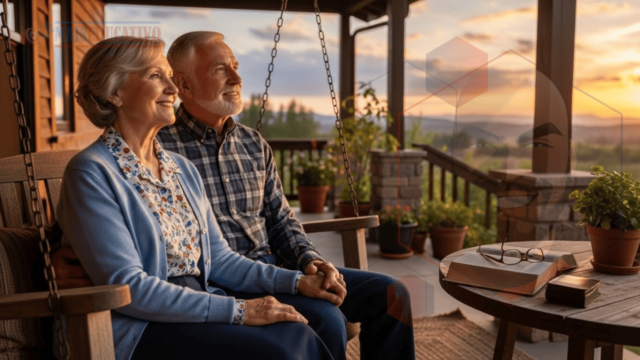 Casal idoso em paz contemplando o pôr do sol com esperança dos justos fundamentada em Cristo.