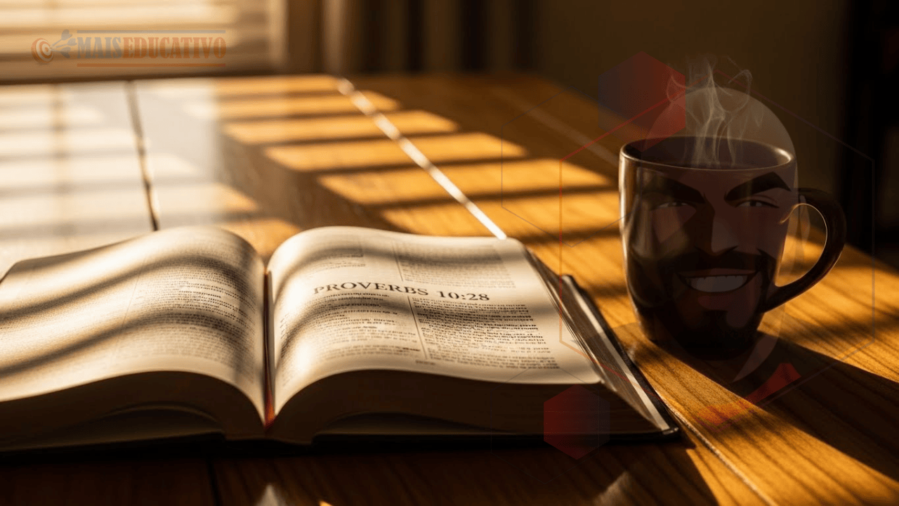 Bíblia aberta em Provérbios 10:28 sobre a esperança dos justos que traz alegria verdadeira.