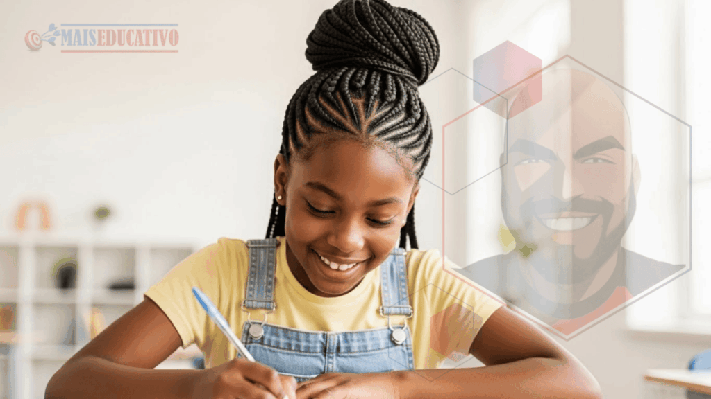 Estudante feliz fazendo redação para Colégio Militar com dedicação e foco