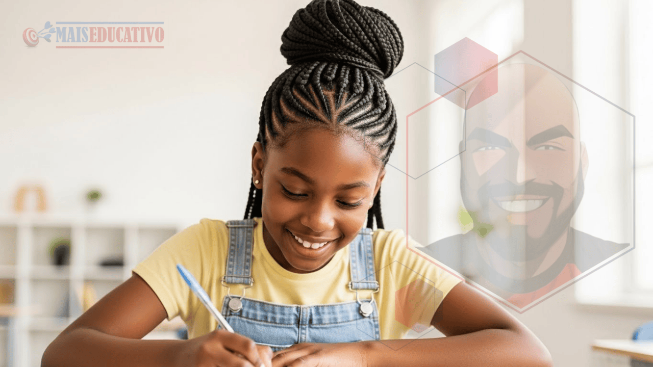 Estudante feliz fazendo redação para Colégio Militar com dedicação e foco