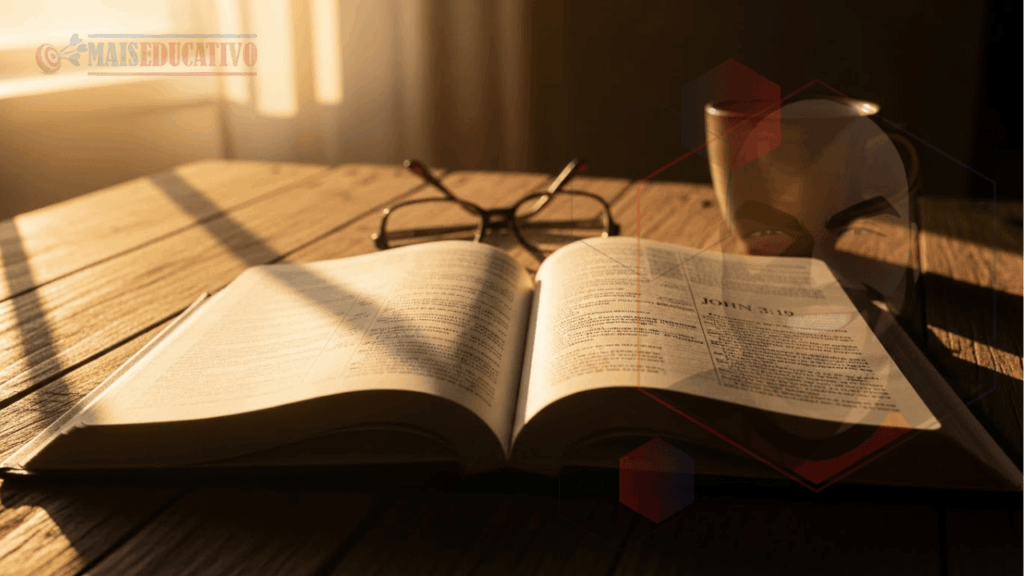 Bíblia aberta com versículo sobre escolher a luz de Cristo, iluminada pela manhã em ambiente sereno de oração.