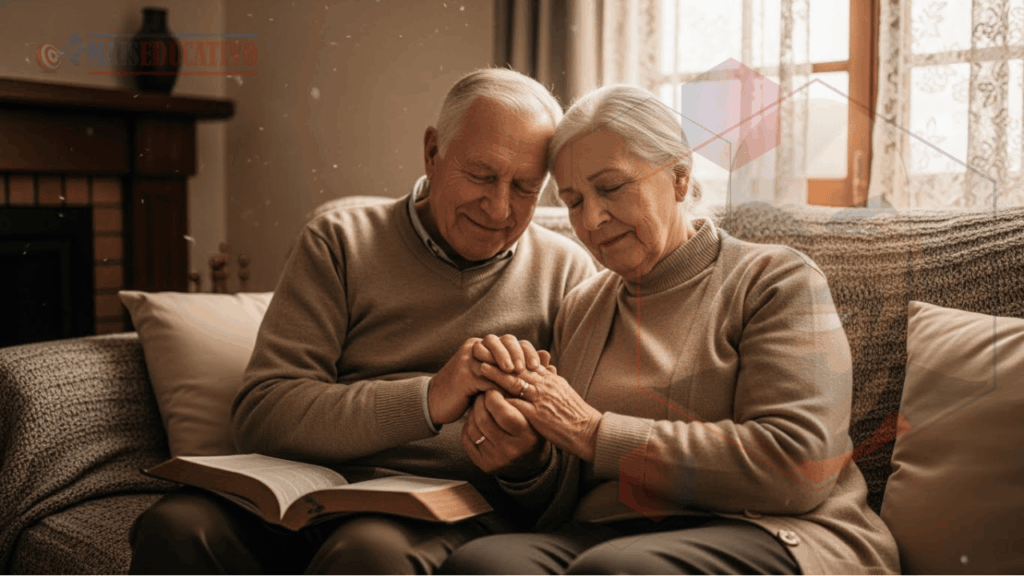 Casal idoso orando em paz, escolhendo a luz de Cristo no ambiente familiar, demonstrando fé e serenidade.