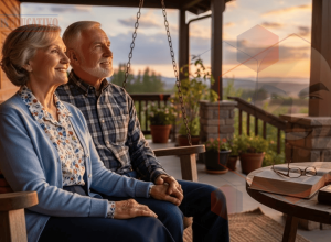 Casal idoso em paz contemplando o pôr do sol com esperança dos justos fundamentada em Cristo.