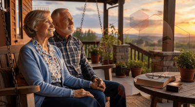 Casal idoso em paz contemplando o pôr do sol com esperança dos justos fundamentada em Cristo.