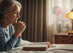 Mulher idosa ajoelhada em oração persistente, buscando a Deus com fé conforme ensinado em Mateus 7:7-8.