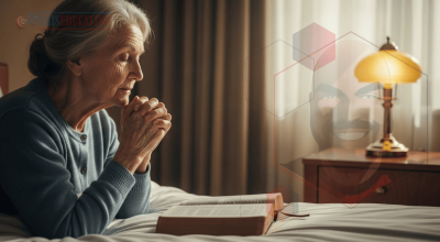 Mulher idosa ajoelhada em oração persistente, buscando a Deus com fé conforme ensinado em Mateus 7:7-8.