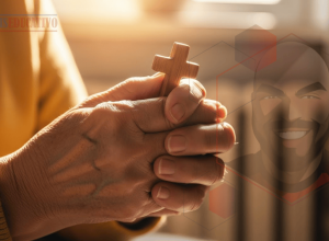 Mãos idosas segurando cruz com gratidão pela benignidade de Deus que dura para sempre.
