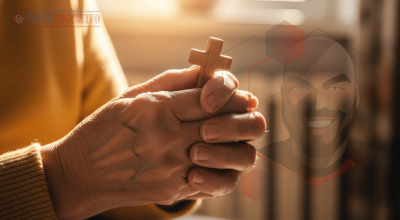 Mãos idosas segurando cruz com gratidão pela benignidade de Deus que dura para sempre.