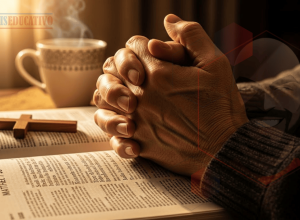 Mãos em oração sobre Bíblia aberta em Mateus 7:7-8, ensinando a pedir, buscar e bater à porta de Deus com fé.