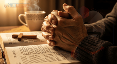 Mãos em oração sobre Bíblia aberta em Mateus 7:7-8, ensinando a pedir, buscar e bater à porta de Deus com fé.