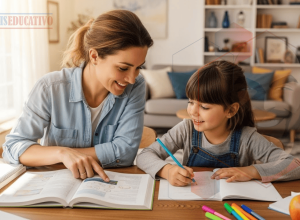 Mãe ensinando filha a interpretar textos para preparação do Colégio Militar