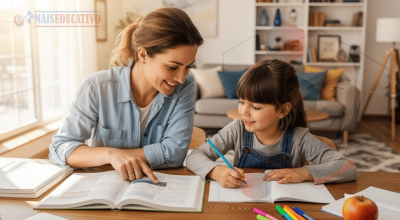 Mãe ensinando filha a interpretar textos para preparação do Colégio Militar
