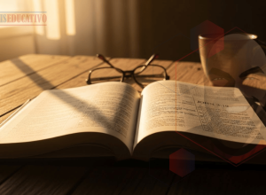 Bíblia aberta com versículo sobre escolher a luz de Cristo, iluminada pela manhã em ambiente sereno de oração.