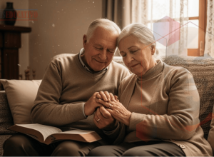 Casal idoso orando em paz, escolhendo a luz de Cristo no ambiente familiar, demonstrando fé e serenidade.